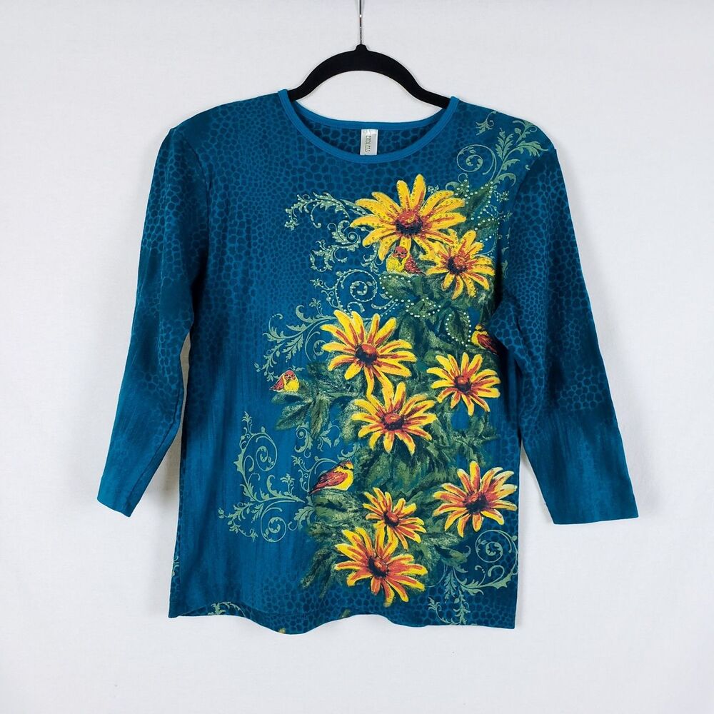 Endless Designs Art-to-Wear Sunflower T-Shirt Womens M Studded Blue Cotton